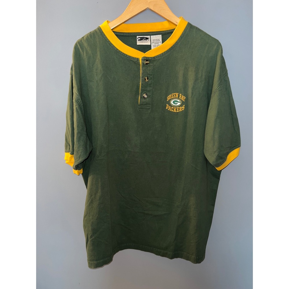 Vintage 2000 Green Bay Packers Henley‎ Shirt The Edge XL Green Yellow NFL Cotton